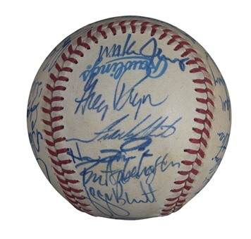 1985 World Series Champion Kansas City Royals Team Signed OAL Brown Baseball With 28 Signatures Including George Brett (JSA)